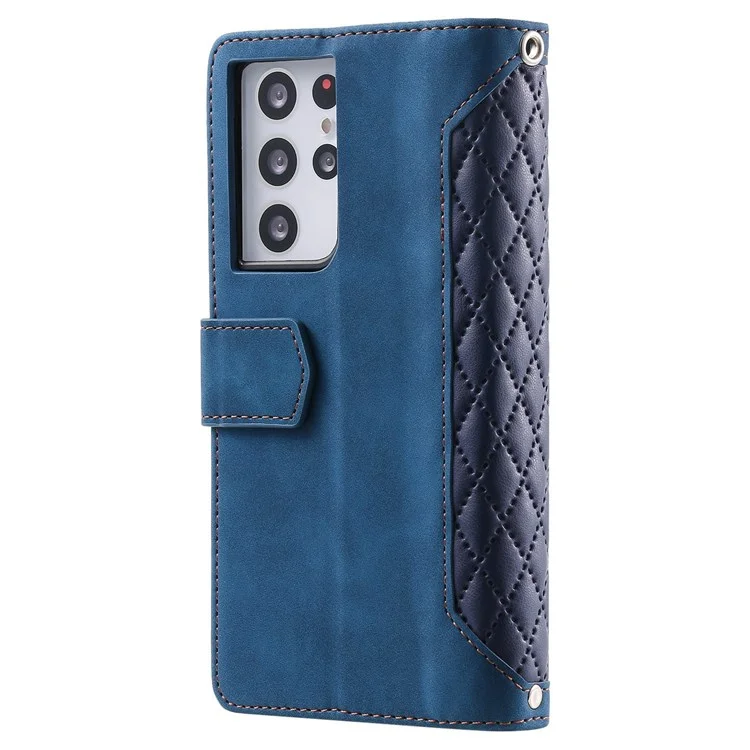 Estilo 005 Para Samsung Galaxy S21 Ultra 5G Textura Textura Case de Cuero Funda de Bolsillo de Bolsillo Teléfono Con Correa de Muñeca - Azul