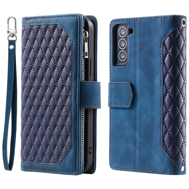 005 Style for Samsung Galaxy S21 FE 5G Rhombus Texture Anti-drop Phone Case PU Leather Zipper Pocket Stand Wallet Cover with Wrist Strap - Bleu