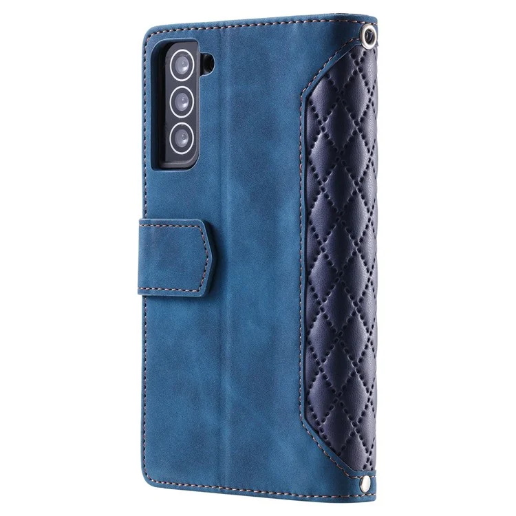 005 Style for Samsung Galaxy S21 FE 5G Rhombus Texture Anti-drop Phone Case PU Leather Zipper Pocket Stand Wallet Cover with Wrist Strap - Bleu