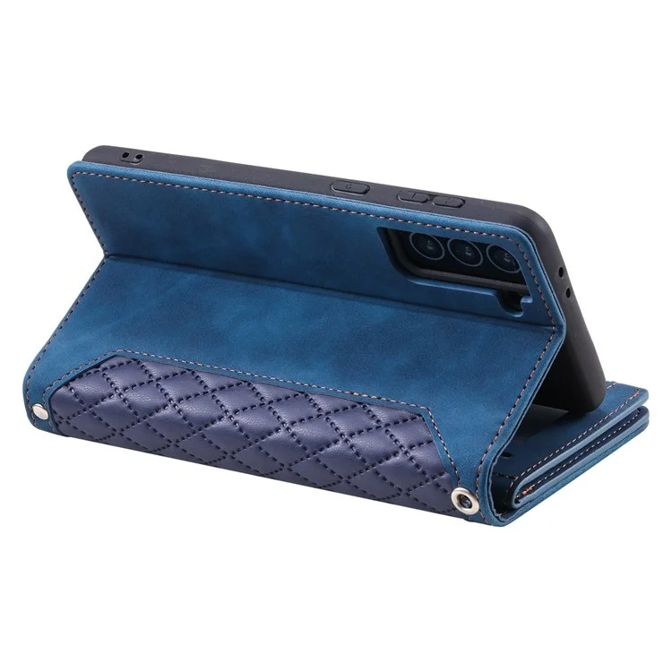 005 Stile Per Samsung Galaxy S21 4G / Case Del Portafoglio di Texture Rhombo da 5 g Con Cerniera Con Cerniera PU Coperchio PU Coperchi - Blu