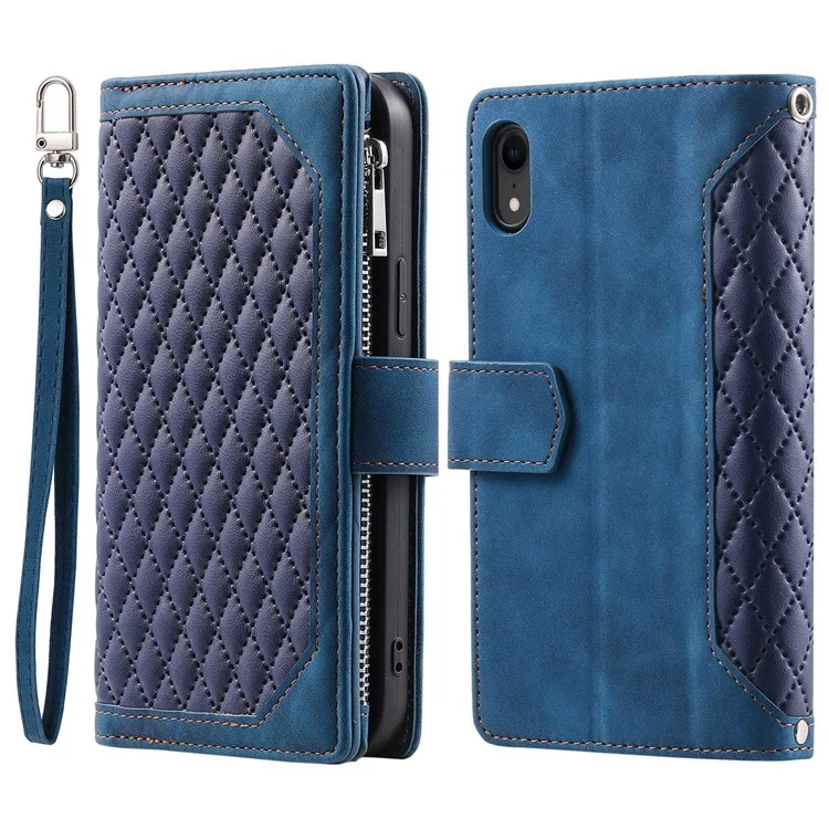 005 Couverture de Téléphone de Poche à Glissière de Style Pour L'iphone XR 6,1 Pouces, Portefeuille de Texture Rhombonale Bautique en Cuir PU Avec Sangle de Poignet - Bleu