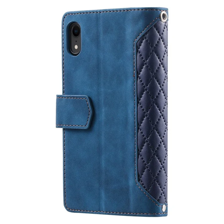 005 Stil Reißverschluss Pocket Phone Cover Für Iphone XR 6,1 Zoll, Rhombus Textur Stand Wallet PU Lederhülle Mit Handgelenkriemen - Blau