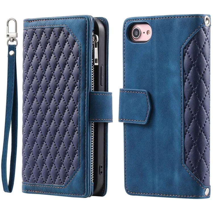 005 Estilo para iPhone SE (2022) / (2020) / 7 / 8 4.7 pulgadas Funda de piel con textura de rombo, con soporte, bolsillo con cremallera y cartera protectora para teléfono - Azul