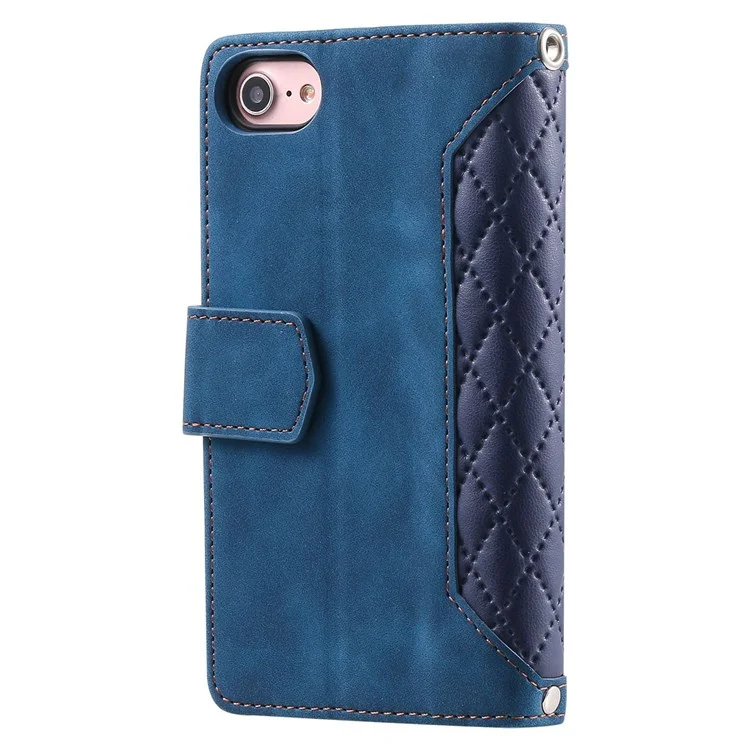 005 Estilo para iPhone SE (2022) / (2020) / 7 / 8 4.7 pulgadas Funda de piel con textura de rombo, con soporte, bolsillo con cremallera y cartera protectora para teléfono - Azul