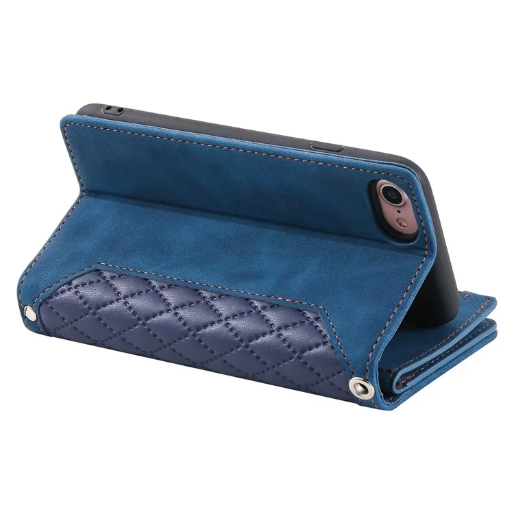 005 Estilo para iPhone SE (2022) / (2020) / 7 / 8 4.7 pulgadas Funda de piel con textura de rombo, con soporte, bolsillo con cremallera y cartera protectora para teléfono - Azul