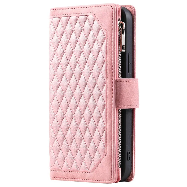 005 Style for iPhone X / XS Max 6.5 inch Rhombus Texture Stand Wallet Case Zipper Pocket PU Leather Phone Cover with Wrist Strap - Rose Gold