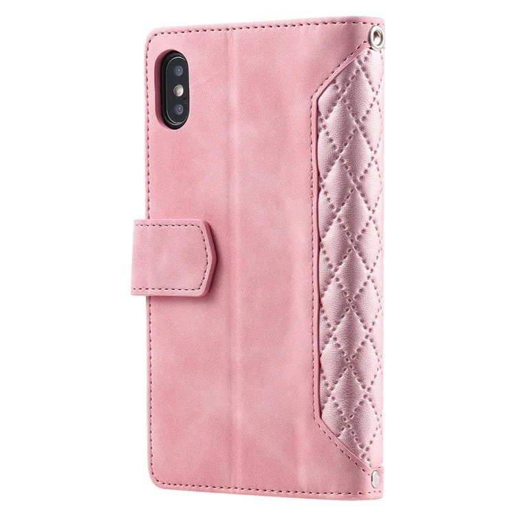 005 Style for iPhone X / XS Max 6.5 inch Rhombus Texture Stand Wallet Case Zipper Pocket PU Leather Phone Cover with Wrist Strap - Rose Gold