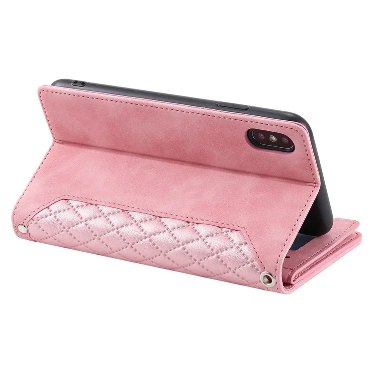 005 Style for iPhone X / XS Max 6.5 inch Rhombus Texture Stand Wallet Case Zipper Pocket PU Leather Phone Cover with Wrist Strap - Rose Gold