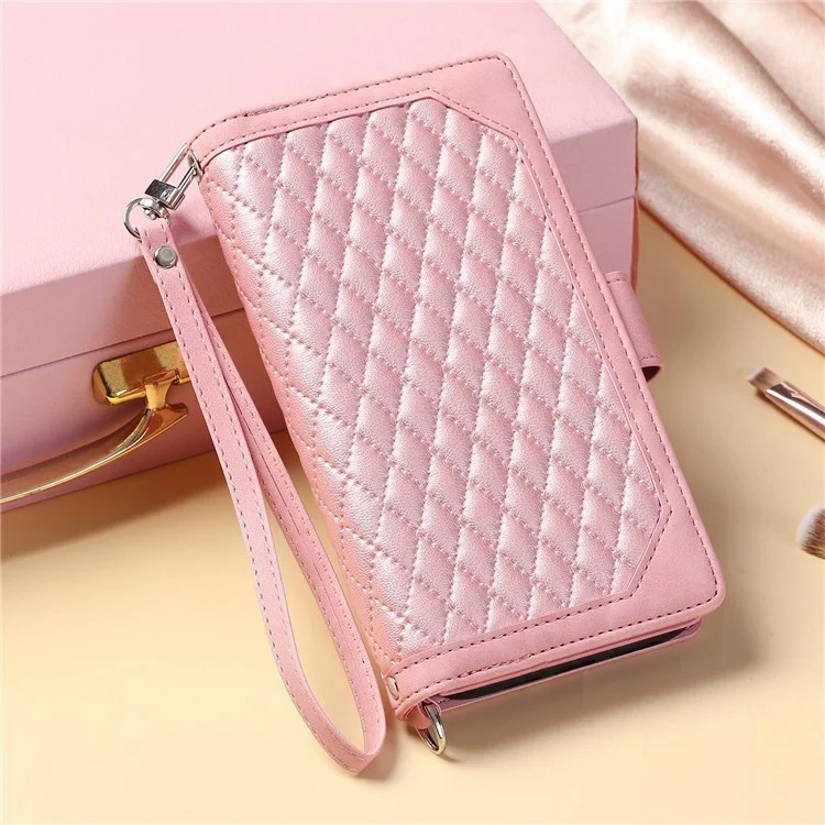 005 Style for iPhone X / XS Max 6.5 inch Rhombus Texture Stand Wallet Case Zipper Pocket PU Leather Phone Cover with Wrist Strap - Rose Gold