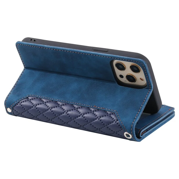 005 Style Zipper Pocket Stand Case for iPhone 11 Pro Max 6.5 inch, PU Leather Wallet Rhombus Texture Phone Shell Protector with Wrist Strap - Blue