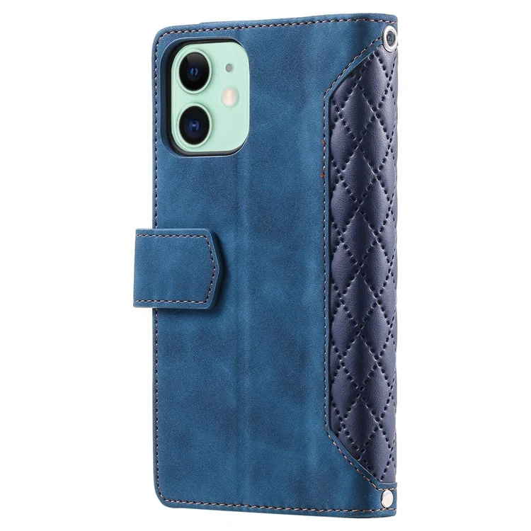 005 Style PU Leather Zipper Pocket Case for iPhone 12 mini 5.4 inch, Stand Rhombus Texture Anti-drop Phone Wallet Cover with Wrist Strap - Blue