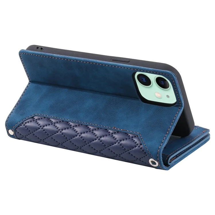 005 Style PU Leather Zipper Pocket Case for iPhone 12 mini 5.4 inch, Stand Rhombus Texture Anti-drop Phone Wallet Cover with Wrist Strap - Blue