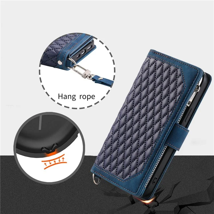 005 Style PU Leather Zipper Pocket Case for iPhone 12 mini 5.4 inch, Stand Rhombus Texture Anti-drop Phone Wallet Cover with Wrist Strap - Blue