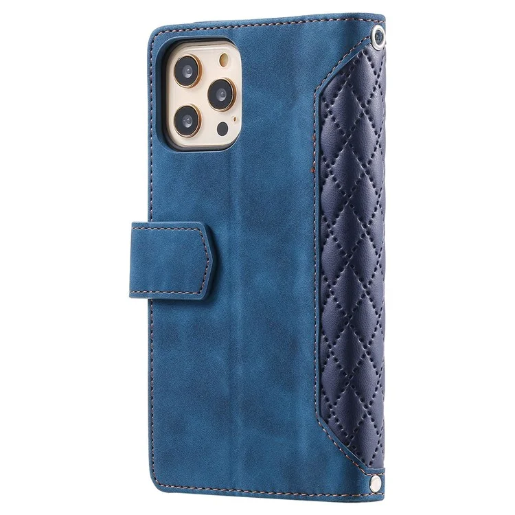 005 Style Zipper Pocket Phone Cover for iPhone 11 Pro 5.8 inch, Rhombus Texture PU Leather Stand Wallet Case with Wrist Strap - Blue