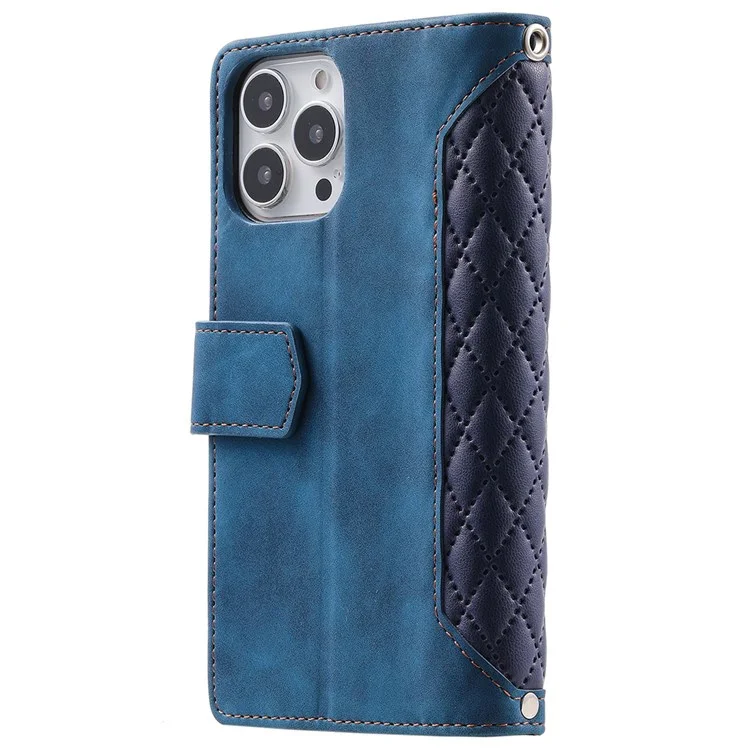 005 Стиль Rombus Texture Chace Для Iphone 14 Pro 6,1 Дюйма, Кошелька Для Кошелька pu Кошелька Кошелька Кармана с Запястьем Ремешком - Синий