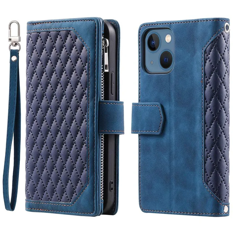005 Style Rhombus Texture Stand Wallet Case для iPhone 14 6.1 дюймов, PU кожаный чехол-застежка-молния с карманом для телефона и ремешком на запястье - Синий