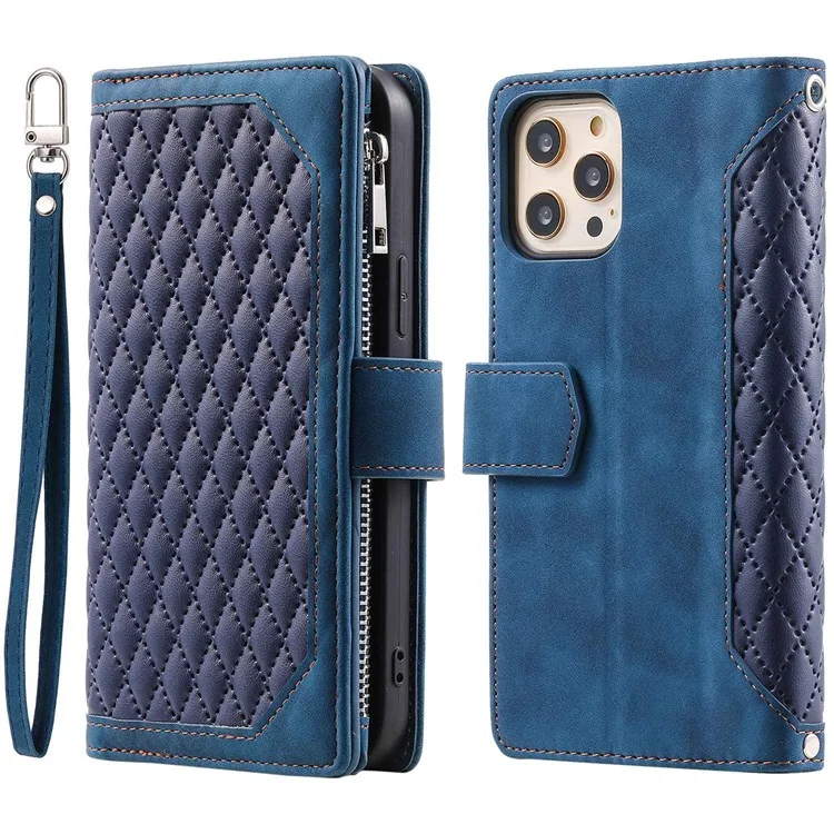 005 Style for iPhone 12 6.1 pulgadas / 12 Pro 6.1 pulgadas Funda para teléfono con bolsillo de cremallera y textura de rombos, funda de cartera de piel sintética con soporte - Azul