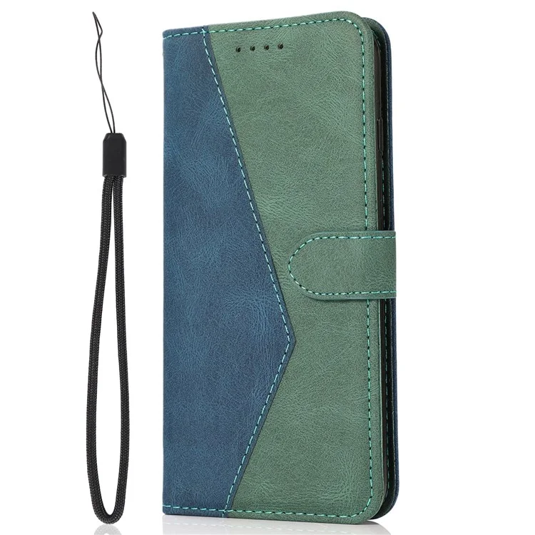 Pour Samsung Galaxy A73 5G Couleur Épissage de Téléphone Mobile Mobile Couvercle de Choc en Cuir PU Portefeuille Support Avec Bracelet de Poignet - Bleu / Vert