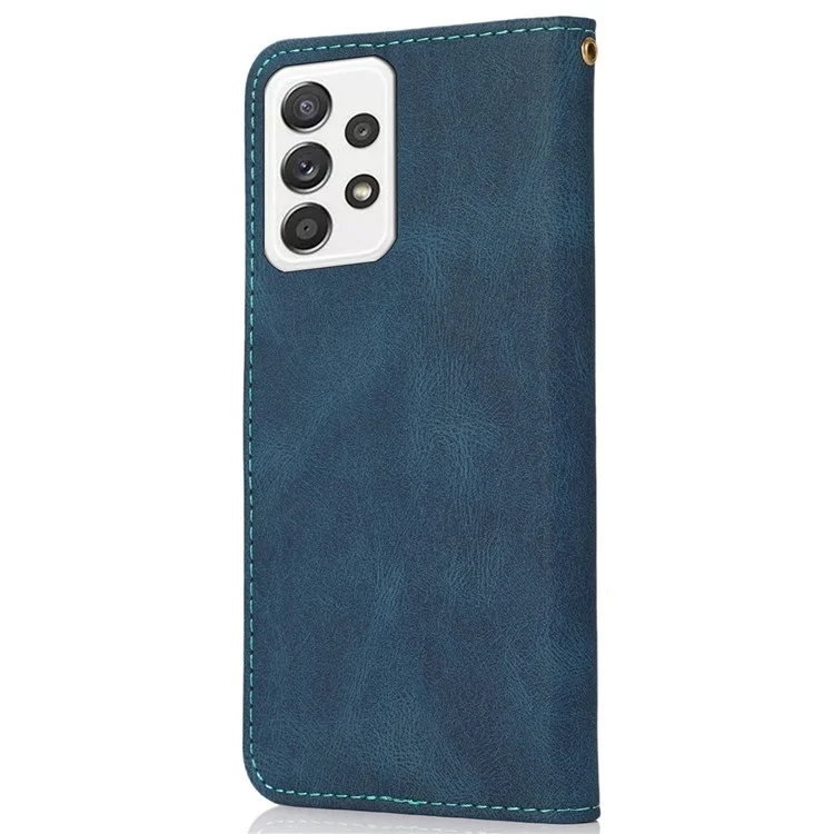 Pour Samsung Galaxy A73 5G Couleur Épissage de Téléphone Mobile Mobile Couvercle de Choc en Cuir PU Portefeuille Support Avec Bracelet de Poignet - Bleu / Vert