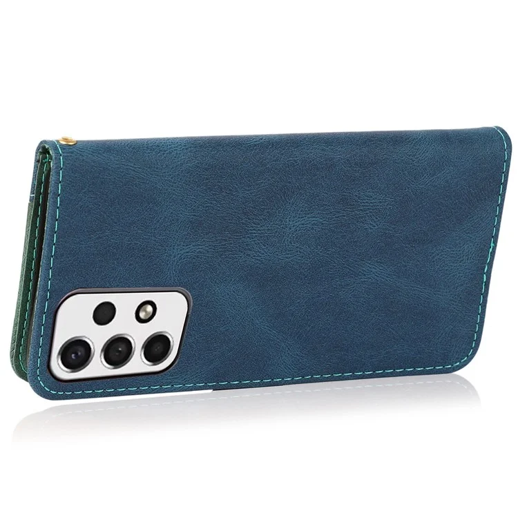 Pour Samsung Galaxy A53 5G Couleur D'épissage du Portefeuille Téléphone Couvrette Magnétique Casque en Cuir PU Anti-drop Avec Bracelet de Poignet - Bleu / Vert
