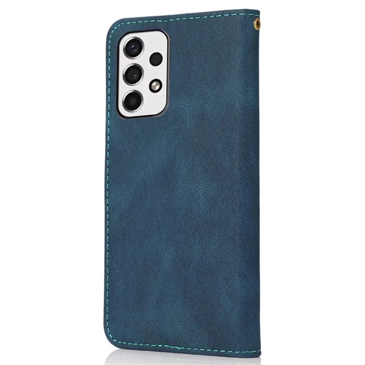 Pour Samsung Galaxy A53 5G Couleur D'épissage du Portefeuille Téléphone Couvrette Magnétique Casque en Cuir PU Anti-drop Avec Bracelet de Poignet - Bleu / Vert