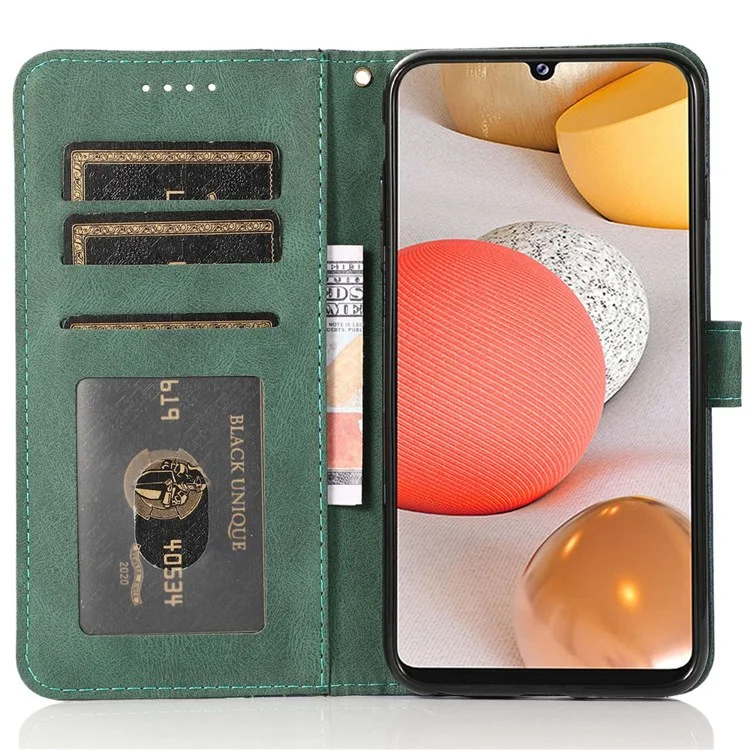 For Samsung Galaxy A23 5G / 4G Anti-fall Color Splicing PU Leather Phone Cover Shockproof Flip Wallet Stand Case with Wrist Strap - Blue / Green