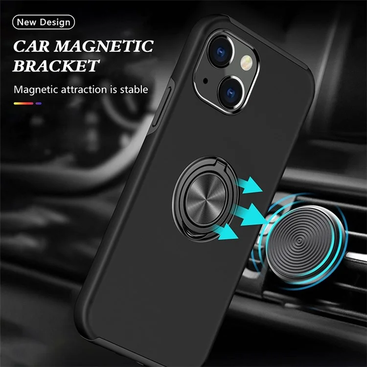 Per iPhone 14 6.1 pollici Hard PC+Soft TPU Dual Layer Protection Case Ring Car Mount Kickstand Protective Phone Cover - Nero