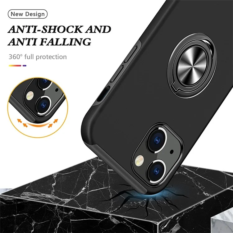 Per iPhone 14 6.1 pollici Hard PC+Soft TPU Dual Layer Protection Case Ring Car Mount Kickstand Protective Phone Cover - Nero