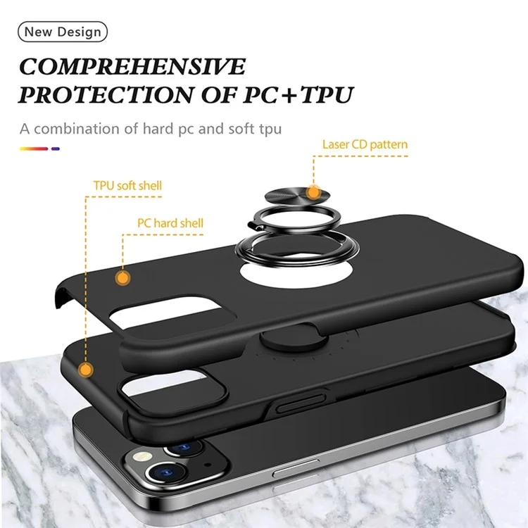 Per iPhone 14 6.1 pollici Hard PC+Soft TPU Dual Layer Protection Case Ring Car Mount Kickstand Protective Phone Cover - Nero