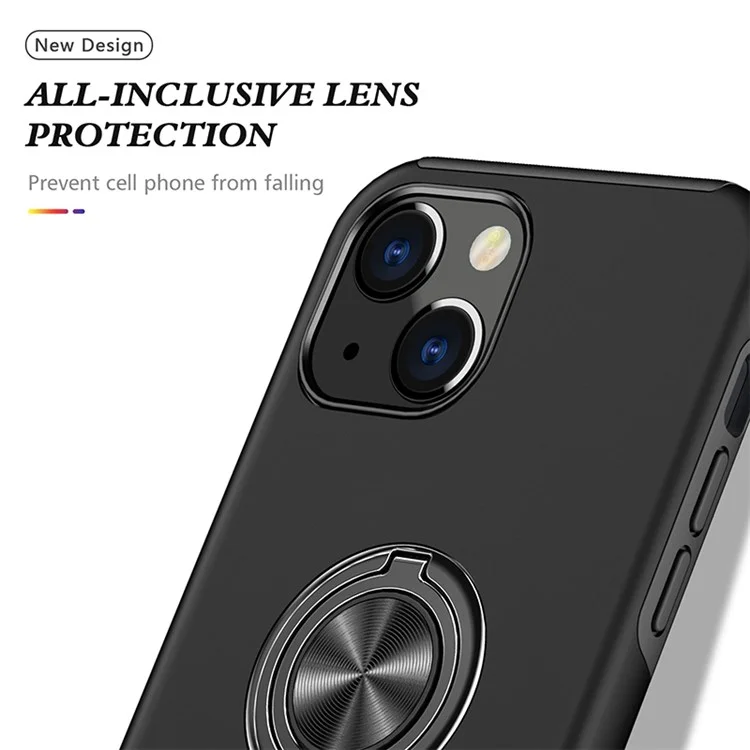 Per iPhone 14 6.1 pollici Hard PC+Soft TPU Dual Layer Protection Case Ring Car Mount Kickstand Protective Phone Cover - Nero