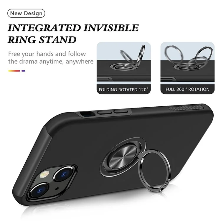 Per iPhone 14 6.1 pollici Hard PC+Soft TPU Dual Layer Protection Case Ring Car Mount Kickstand Protective Phone Cover - Nero