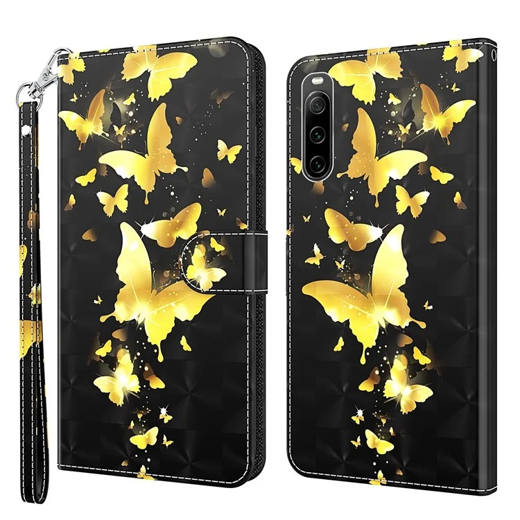 For Sony Xperia 10 IV 5G Shockproof PU Leather Phone Case Stand 3D Pattern Printed Wallet Magnetic Phone Cover with Strap - Golden Butterflies