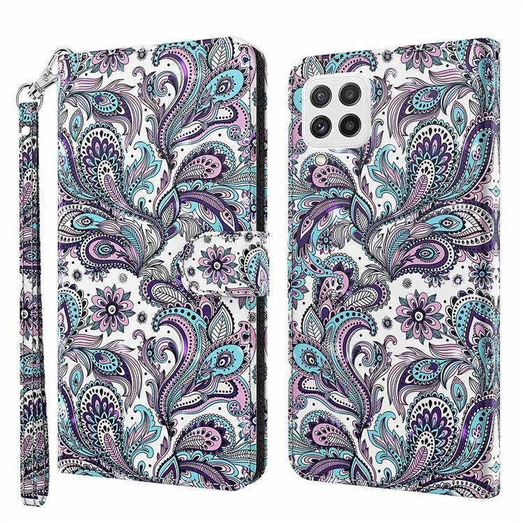 Per Samsung Galaxy A22 4G (versione UE) / M32 (versione globale) 4G / M22 4G Custodia a portafoglio in pelle PU antishock con chiusura magnetica e motivo stampato 3D - Viola Impatiens