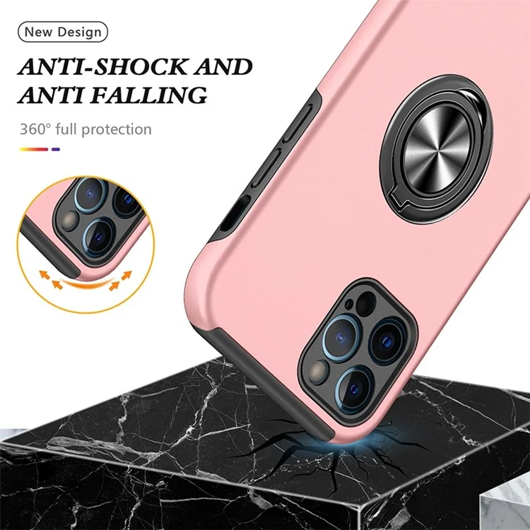 Per iPhone 14 Pro 6.1 pollici Custodia rigida in PC + soffice TPU Protezione avanzata Antiusura Anello portachiavi Supporto per auto Supporto Antiurto Custodia protettiva - Rosa oro