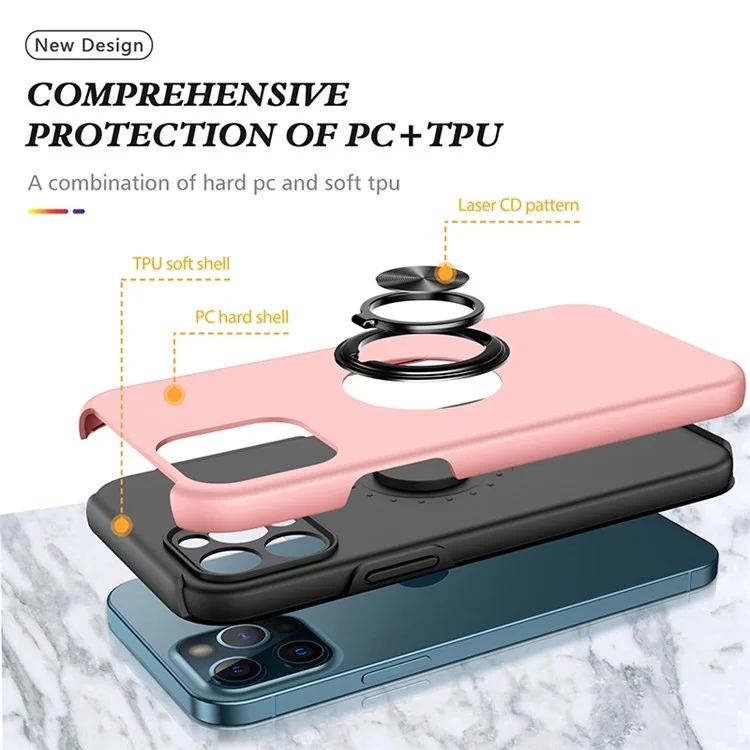 Per iPhone 14 Pro 6.1 pollici Custodia rigida in PC + soffice TPU Protezione avanzata Antiusura Anello portachiavi Supporto per auto Supporto Antiurto Custodia protettiva - Rosa oro