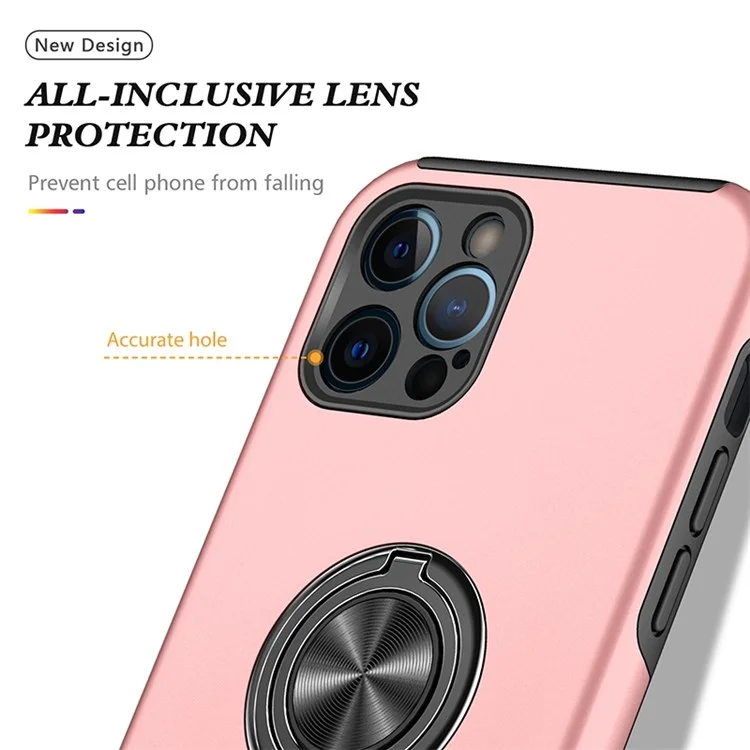 Per iPhone 14 Pro 6.1 pollici Custodia rigida in PC + soffice TPU Protezione avanzata Antiusura Anello portachiavi Supporto per auto Supporto Antiurto Custodia protettiva - Rosa oro
