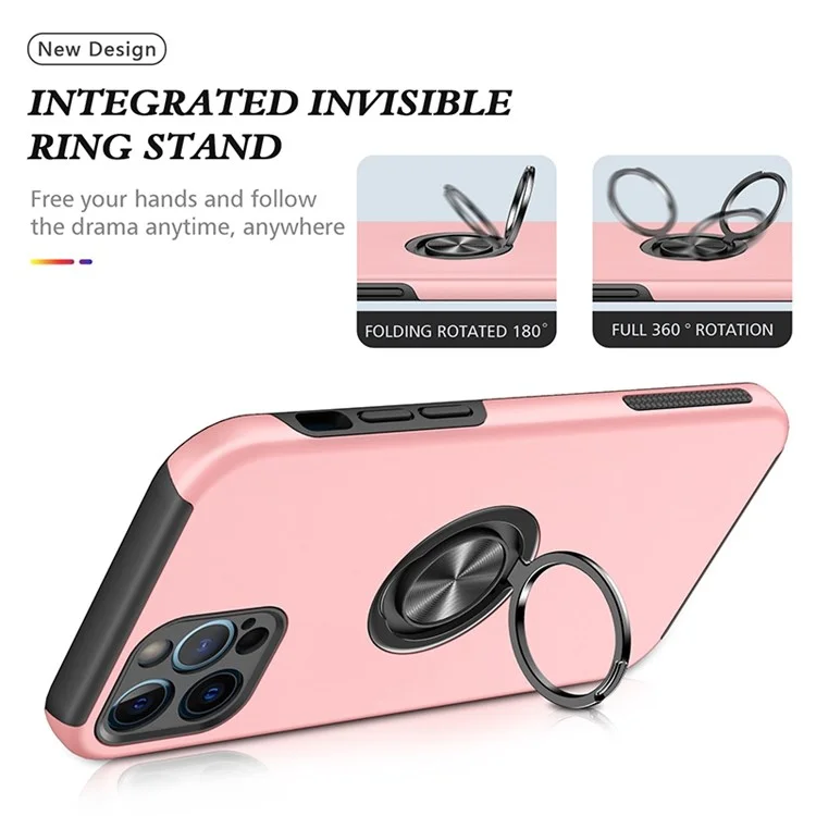Per iPhone 14 Pro 6.1 pollici Custodia rigida in PC + soffice TPU Protezione avanzata Antiusura Anello portachiavi Supporto per auto Supporto Antiurto Custodia protettiva - Rosa oro