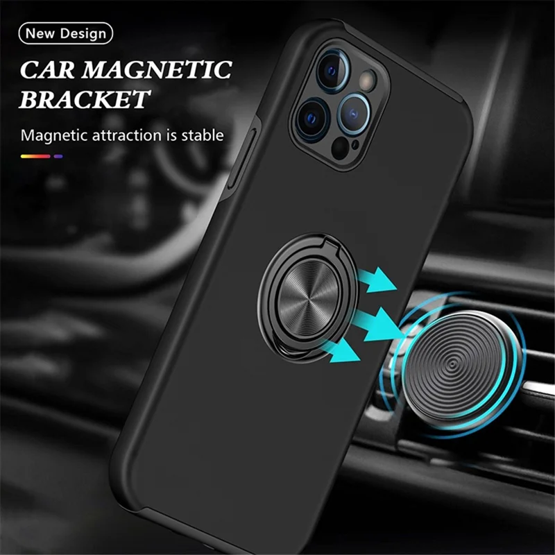 For iPhone 14 Pro Max 6.7 inch Hard PC+Soft TPU Scratch-resistant Phone Case Ring Car Mount Kickstand Anti-fall Shell Cover - Black