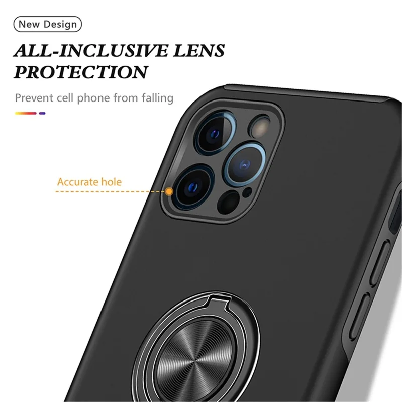 For iPhone 14 Pro Max 6.7 inch Hard PC+Soft TPU Scratch-resistant Phone Case Ring Car Mount Kickstand Anti-fall Shell Cover - Black