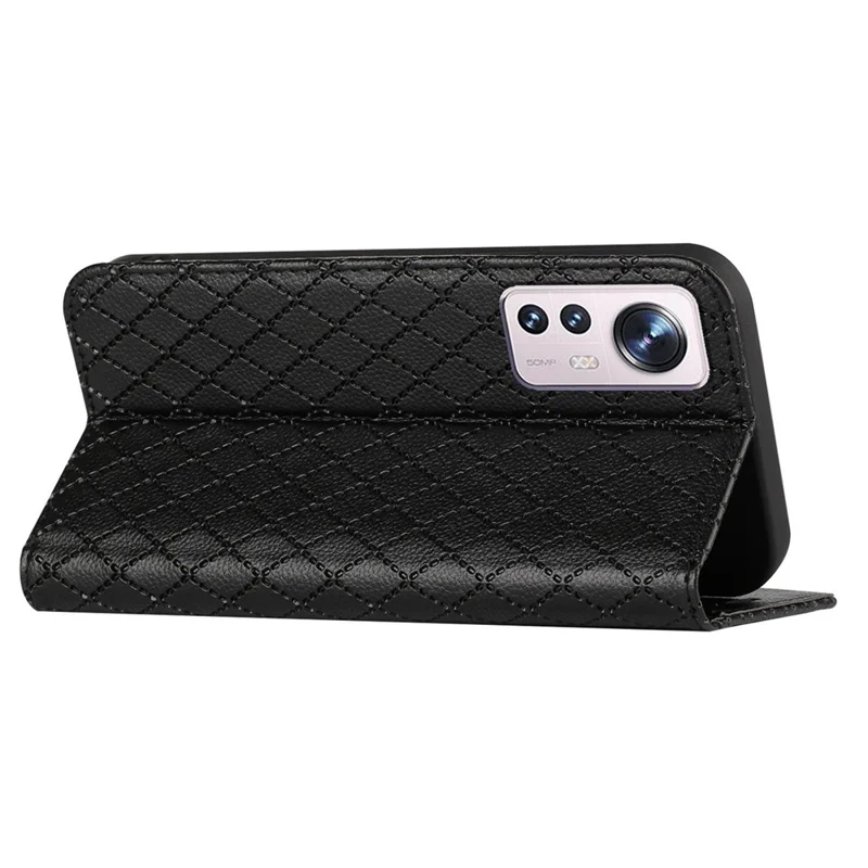 Etui magnetyczne z klapką z nadrukiem rombów, z kredytówką i funkcją blokowania RFID, z korkiem lichee, dla Xiaomi 12 Lite 5G - Czarny