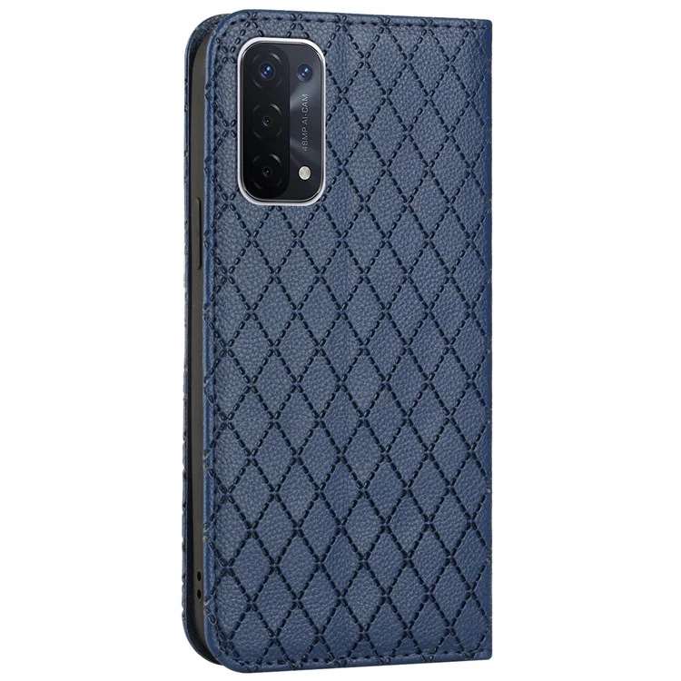 Per Oppo A54 5G / A74 5G / A93 5G Litchi Texture Phone Wallet Case Con Supporto Per la Visualizzazione Della Copertura Protettiva RFID Del Modello Rombo - Blu