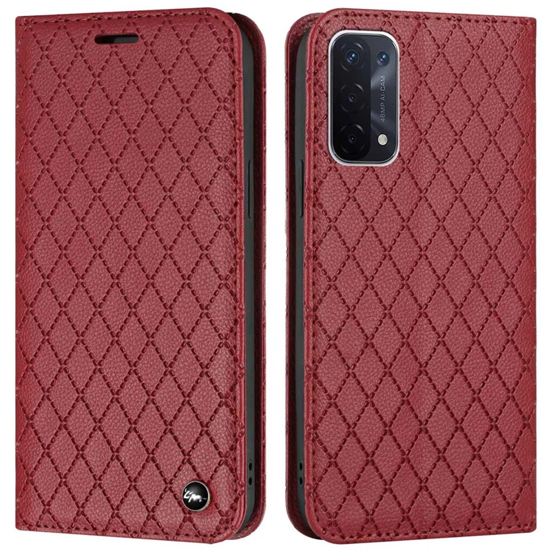 For Oppo A54 5G/A74 5G/A93 5G Litchi Texture Phone Wallet Case with Rhombus Pattern RFID Blocking Protective Cover Viewing Stand - Red