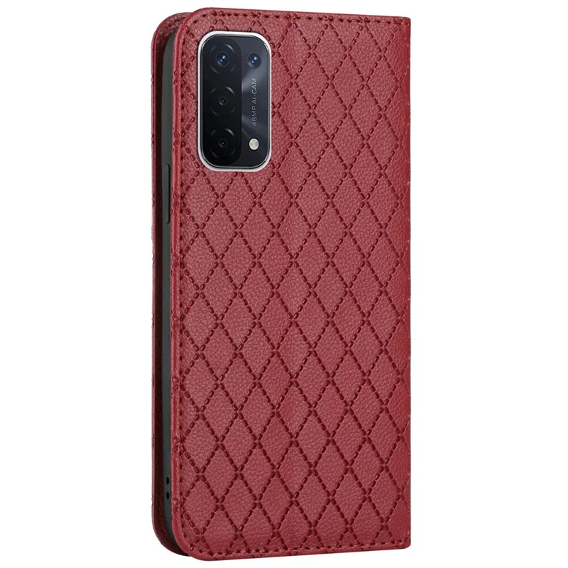 For Oppo A54 5G/A74 5G/A93 5G Litchi Texture Phone Wallet Case with Rhombus Pattern RFID Blocking Protective Cover Viewing Stand - Red