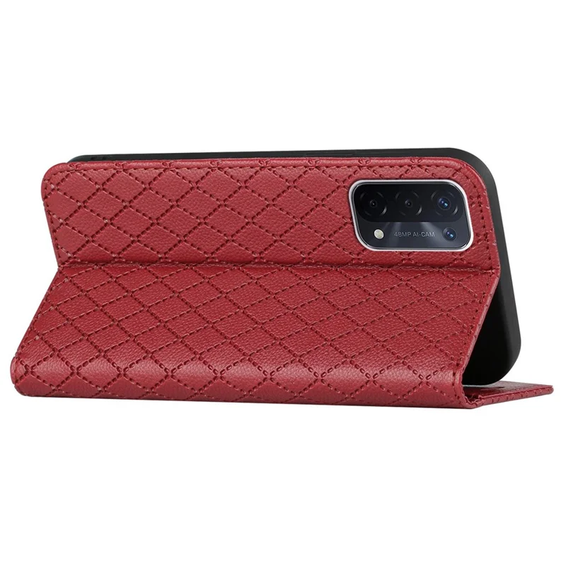 For Oppo A54 5G/A74 5G/A93 5G Litchi Texture Phone Wallet Case with Rhombus Pattern RFID Blocking Protective Cover Viewing Stand - Red