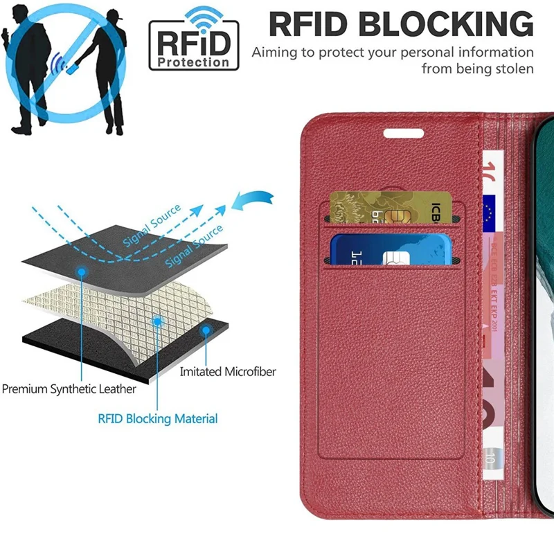 For Oppo A54 5G/A74 5G/A93 5G Litchi Texture Phone Wallet Case with Rhombus Pattern RFID Blocking Protective Cover Viewing Stand - Red