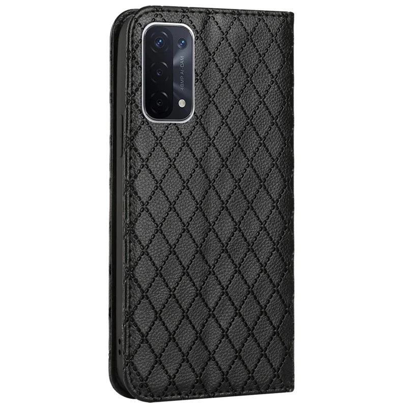 For Oppo A54 5G/A74 5G/A93 5G Litchi Texture Phone Wallet Case with Rhombus Pattern RFID Blocking Protective Cover Viewing Stand - Black