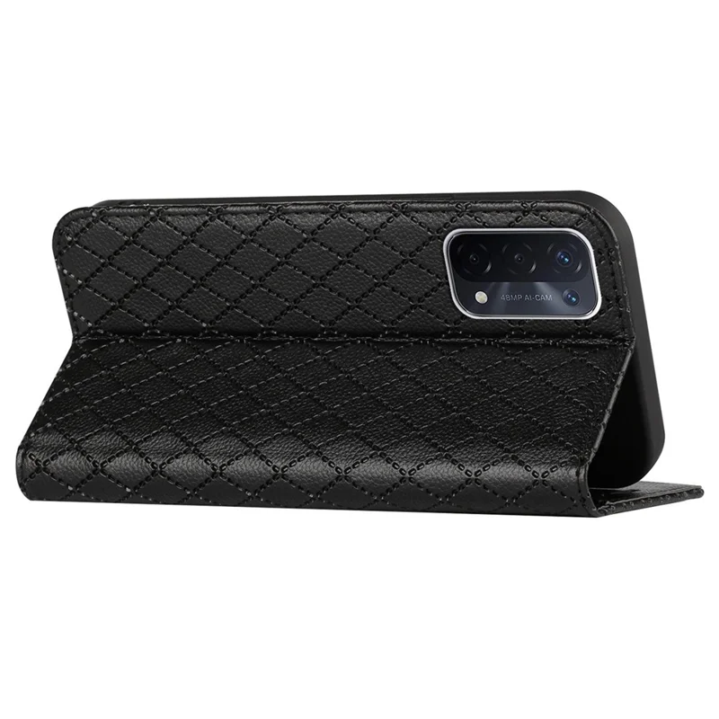 For Oppo A54 5G/A74 5G/A93 5G Litchi Texture Phone Wallet Case with Rhombus Pattern RFID Blocking Protective Cover Viewing Stand - Black