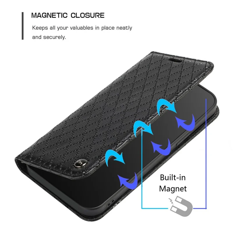 For Oppo A54 5G/A74 5G/A93 5G Litchi Texture Phone Wallet Case with Rhombus Pattern RFID Blocking Protective Cover Viewing Stand - Black