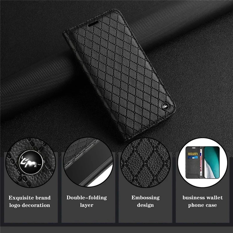 For Oppo A54 5G/A74 5G/A93 5G Litchi Texture Phone Wallet Case with Rhombus Pattern RFID Blocking Protective Cover Viewing Stand - Black
