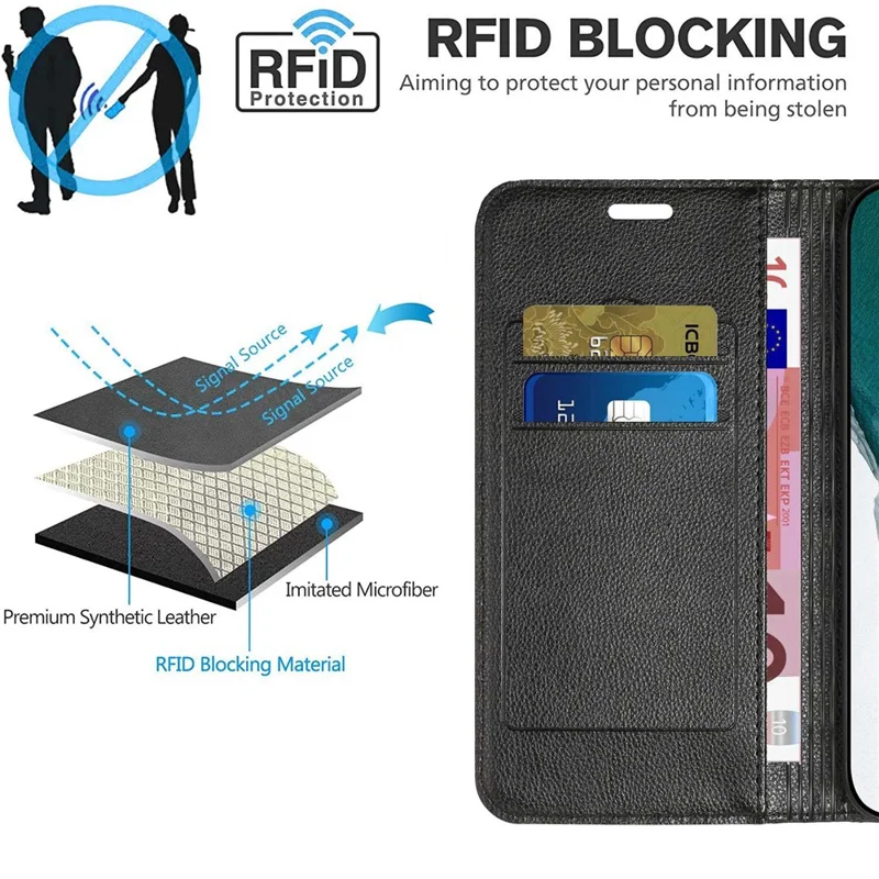 For Oppo A54 5G/A74 5G/A93 5G Litchi Texture Phone Wallet Case with Rhombus Pattern RFID Blocking Protective Cover Viewing Stand - Black
